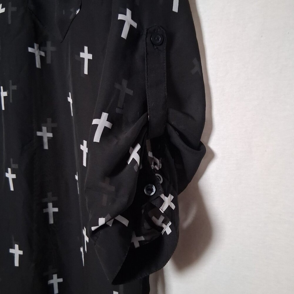 Wet Seal Holy Cross Blouse XL Black Sheer Roll Tab Sleeve Emo Goth Religious - Picture 11 of 14